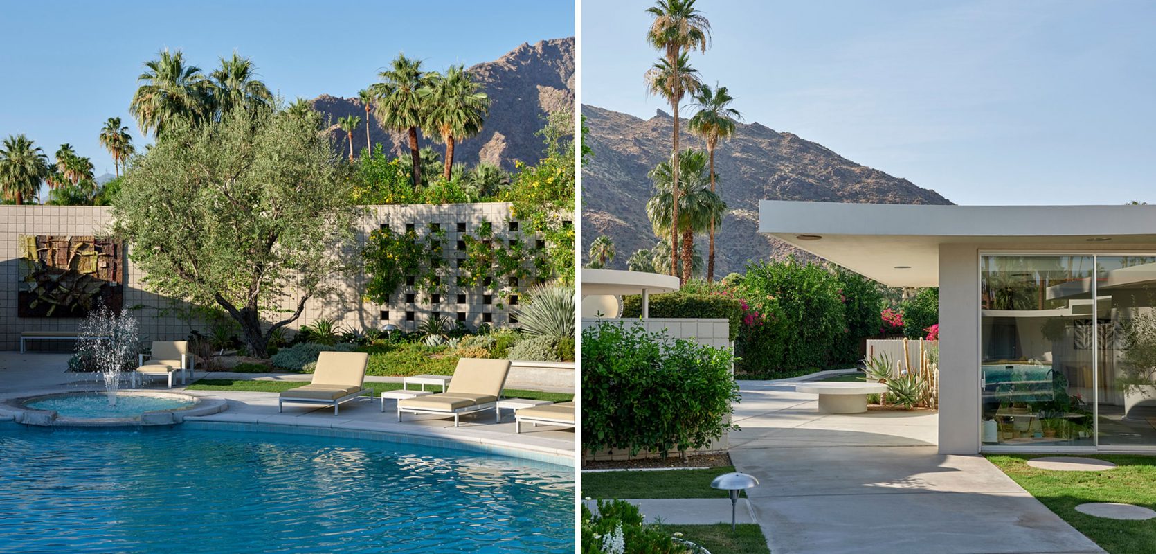 diptych: (left) lounge chairs along inground pool with trees and mountains in the background; (right) concrete walkway with cantilevered roof to backyard