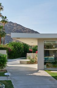 diptych: (left) lounge chairs along inground pool with trees and mountains in the background; (right) concrete walkway with cantilevered roof to backyard
