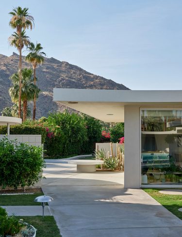 diptych: (left) lounge chairs along inground pool with trees and mountains in the background; (right) concrete walkway with cantilevered roof to backyard