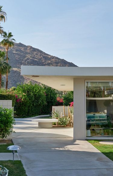 diptych: (left) lounge chairs along inground pool with trees and mountains in the background; (right) concrete walkway with cantilevered roof to backyard