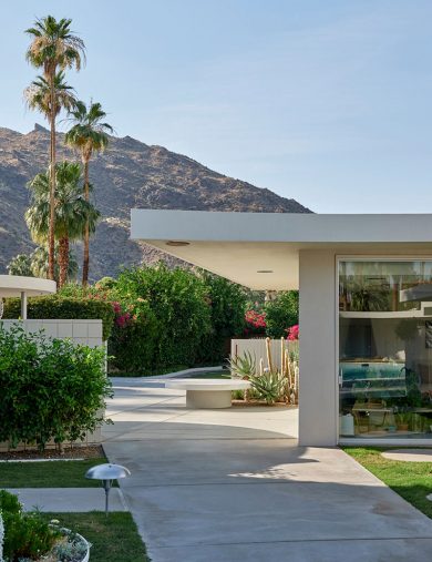 diptych: (left) lounge chairs along inground pool with trees and mountains in the background; (right) concrete walkway with cantilevered roof to backyard