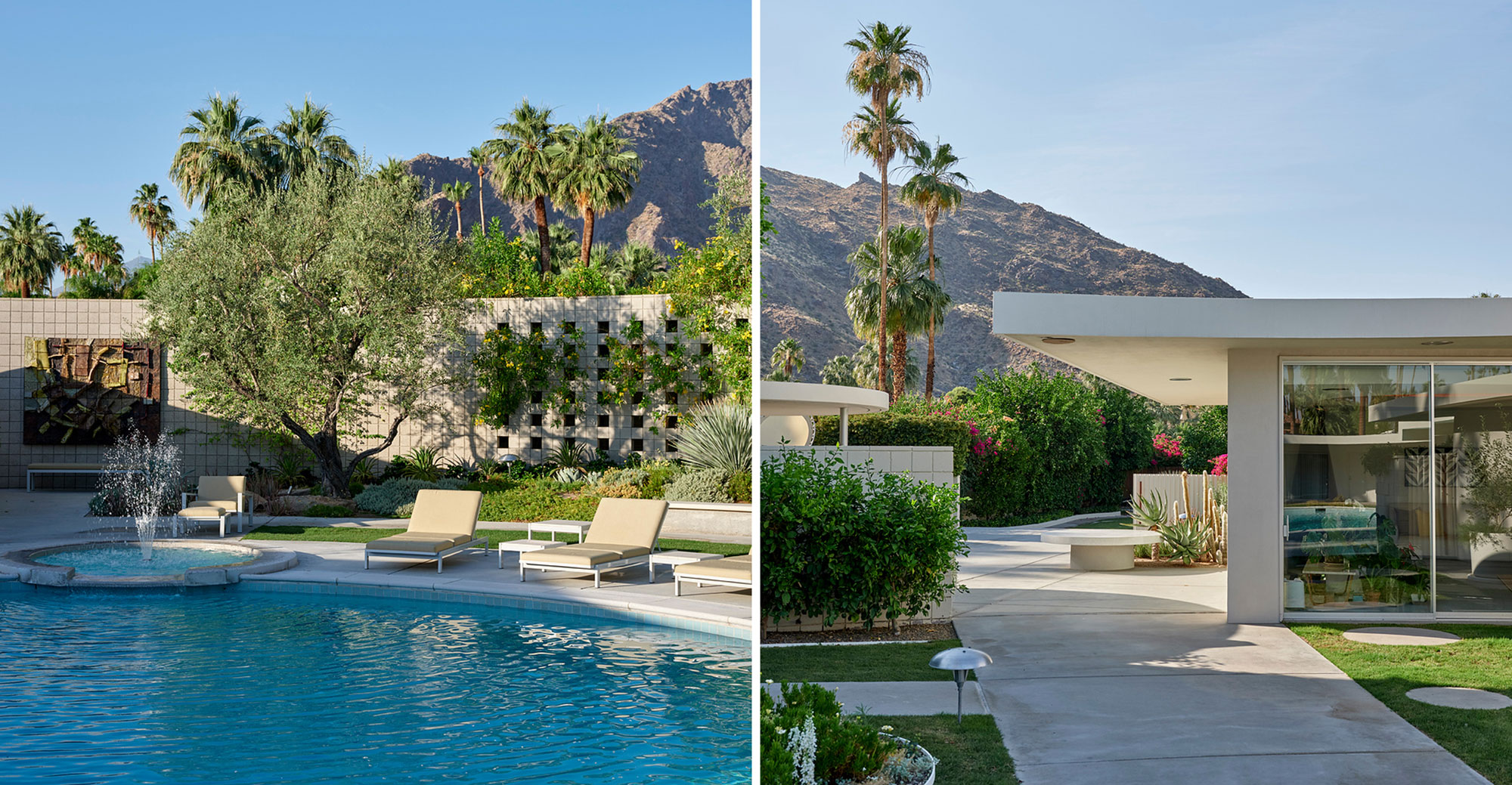 diptych: (left) lounge chairs along inground pool with trees and mountains in the background; (right) concrete walkway with cantilevered roof to backyard