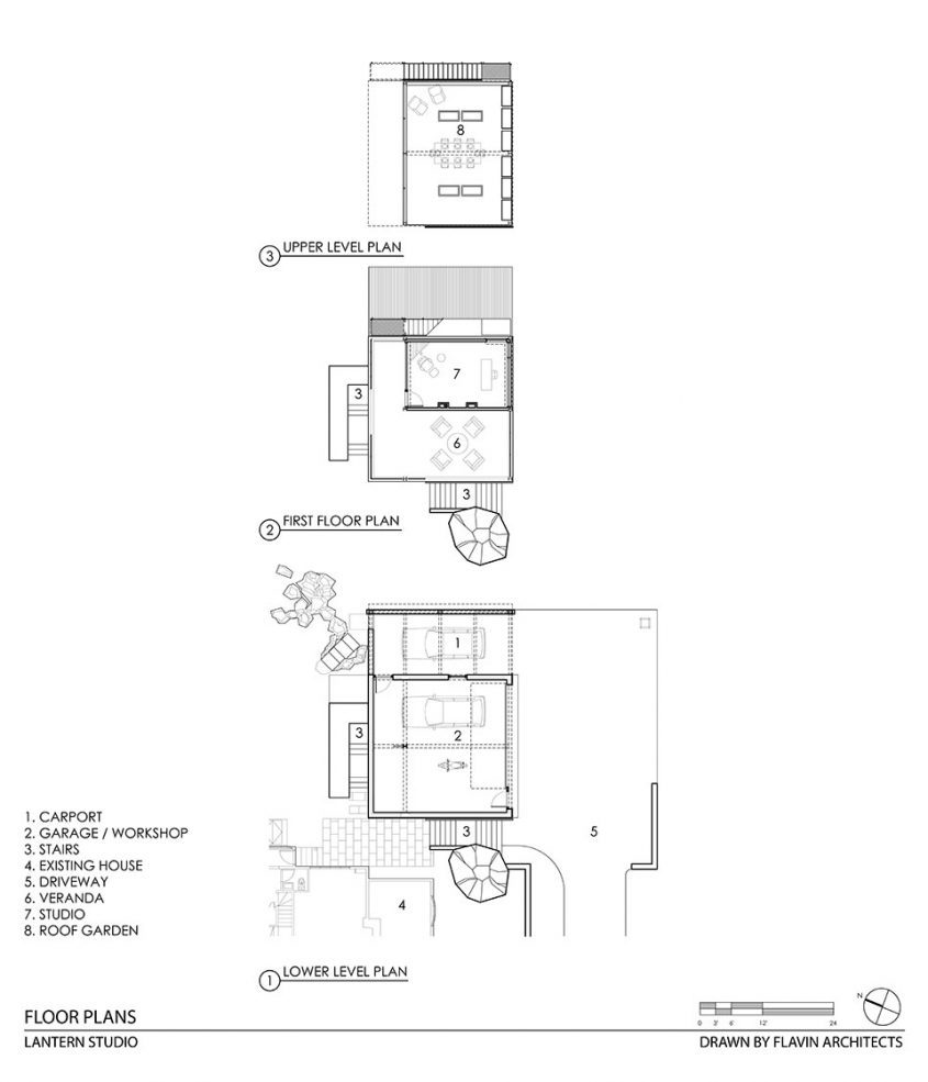 cad drawing floor plan 3-story studio and garage