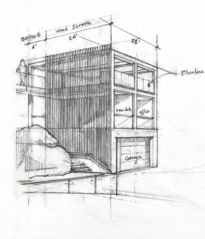 hand drawing sketch of 3-story studio garage