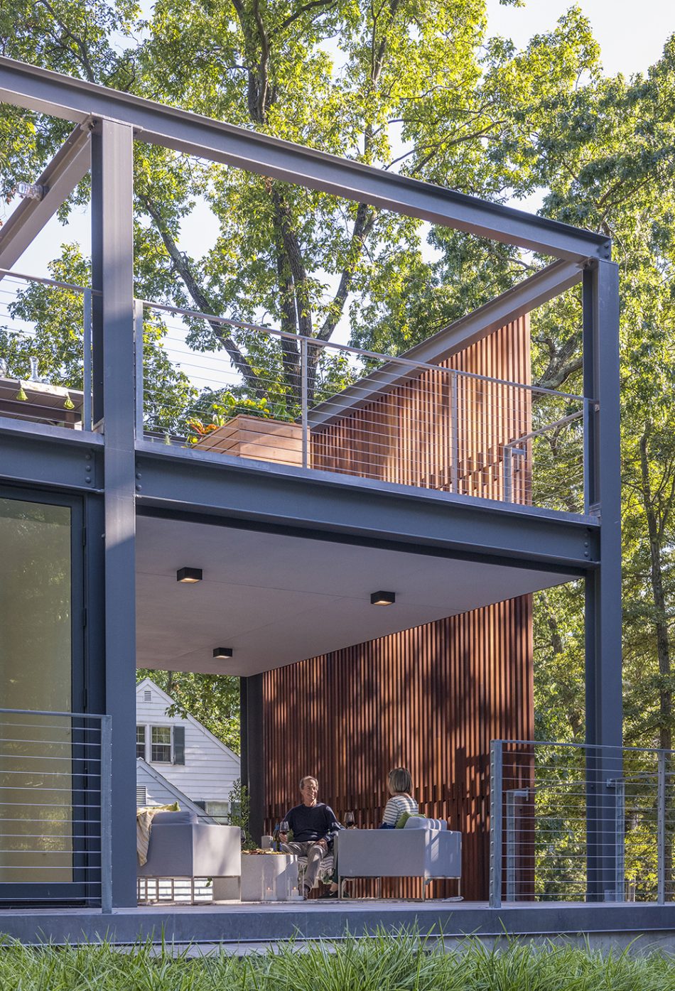 open-air veranda and rooftop with privacy wood screen