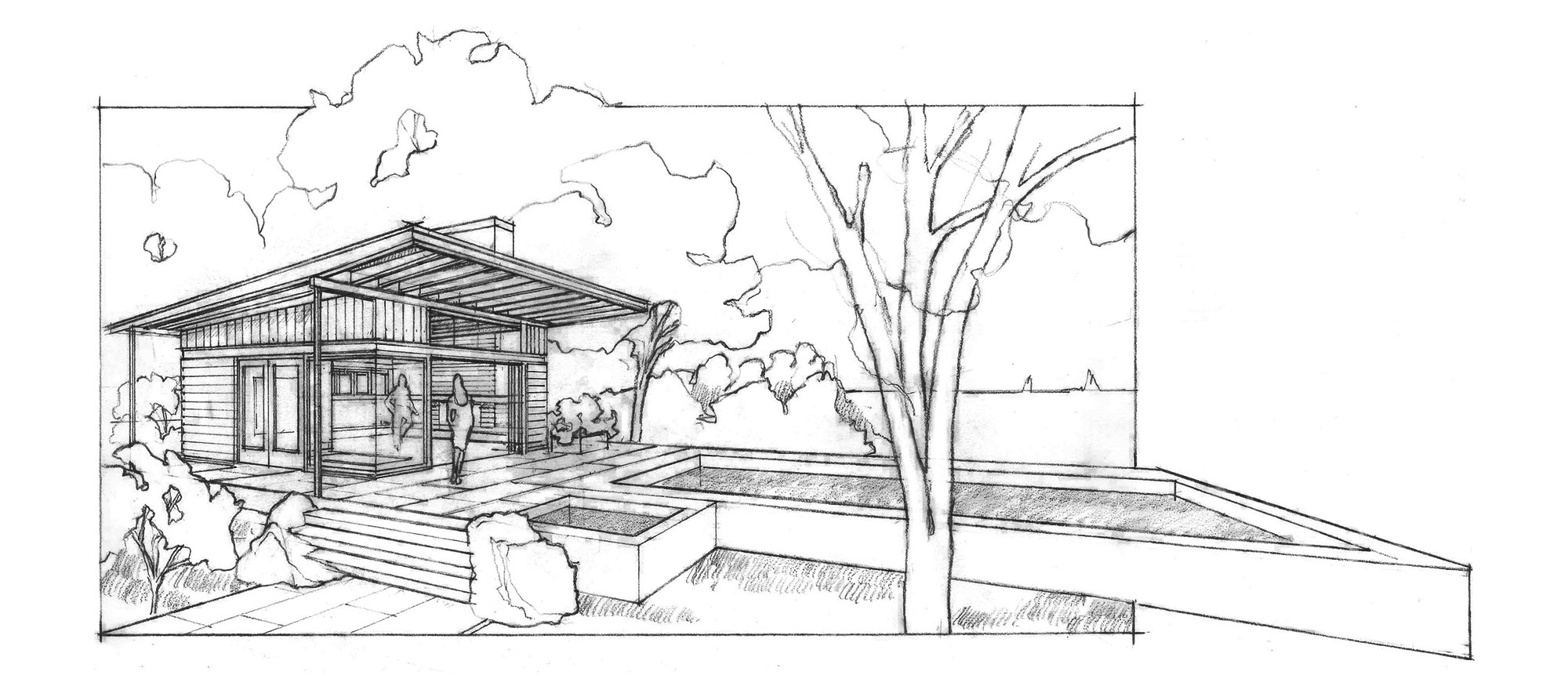 hand drawing sketch of pool house cabana