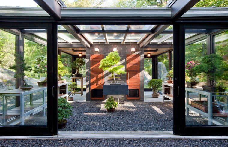 entry to glass and steel bonsai green house