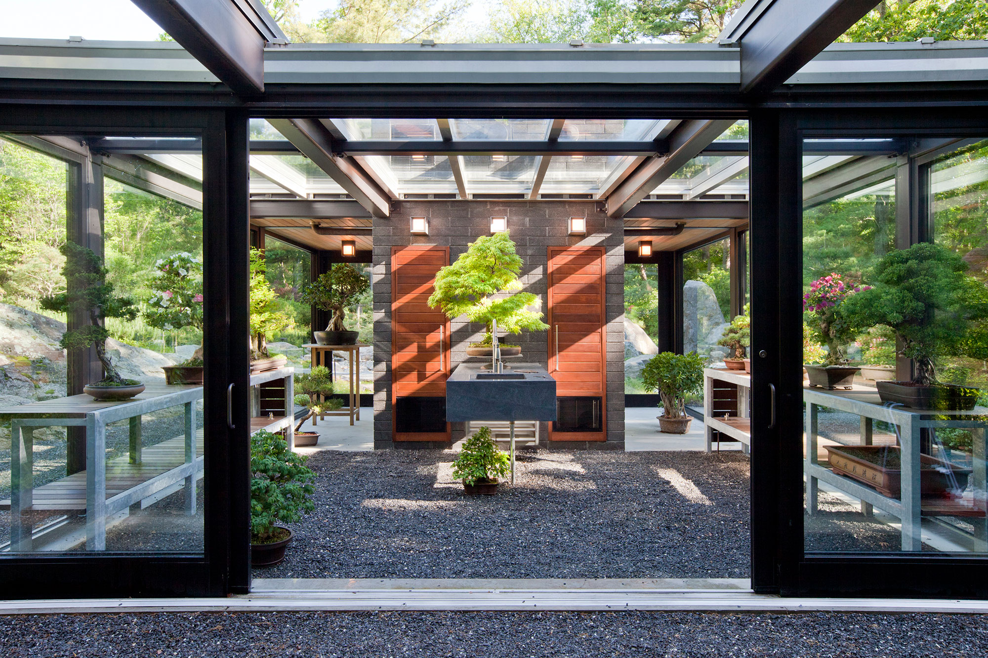 entry to glass and steel bonsai green house