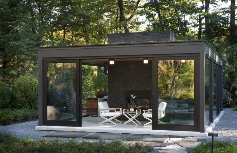 meditation studio with fireplace and connected bonsai greenhouse