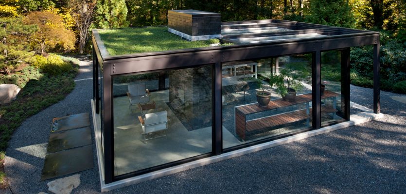 live grass rooftop bonsai greenhouse made of steel and glass