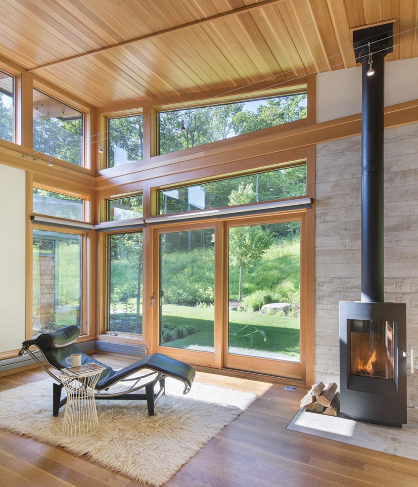 interior of guest studio with wood burning stove