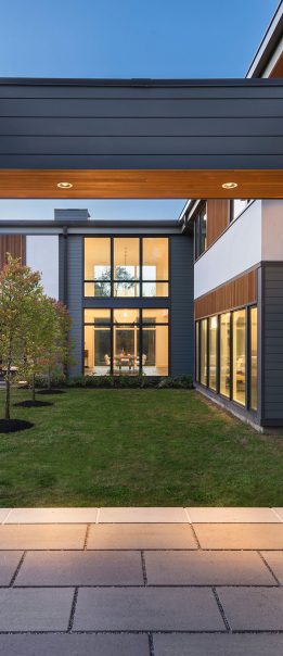 entry courtyard of 2-story modern home