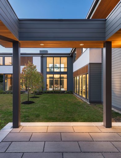 entry courtyard of 2-story modern home