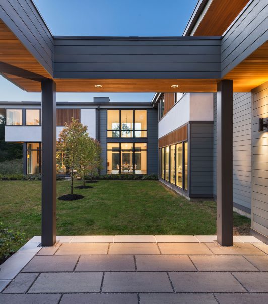 entry courtyard of 2-story modern home