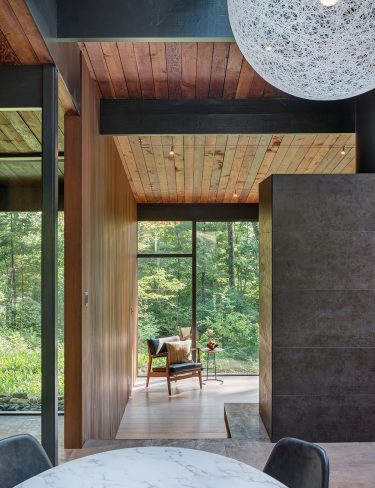 mid-century modern interior with wood ceiling