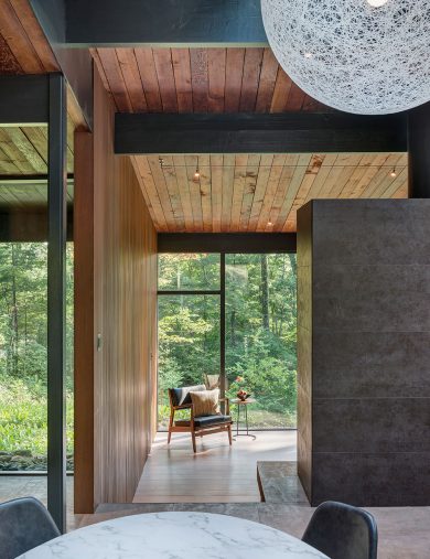 mid-century modern interior with wood ceiling