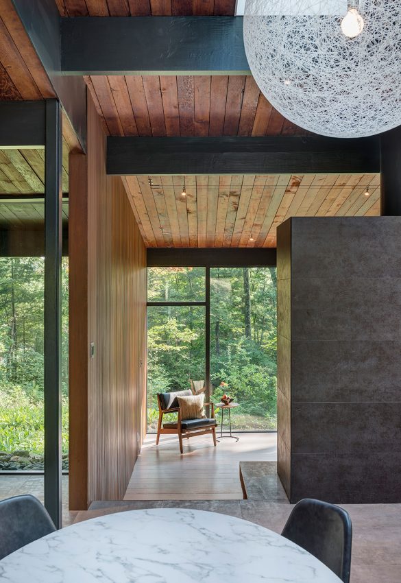 mid-century modern interior with wood ceiling