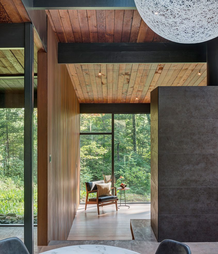 mid-century modern interior with wood ceiling
