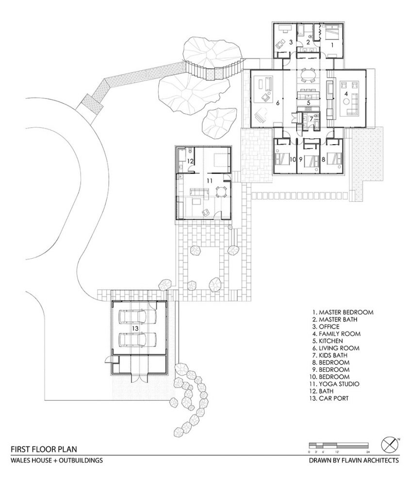 mid-century modern cad drawing floor plan with outbuildings
