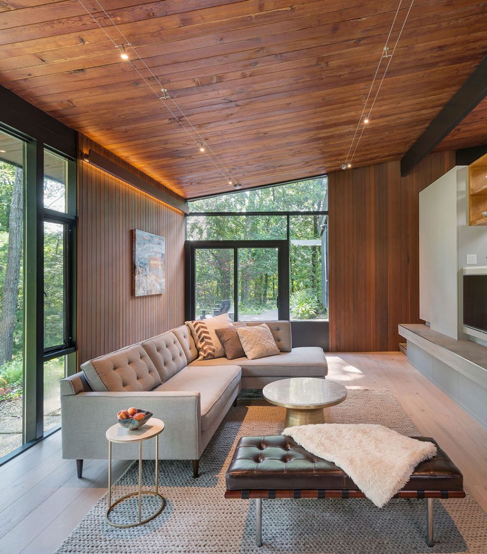 mid-century modern furnished family room with wood ceiling