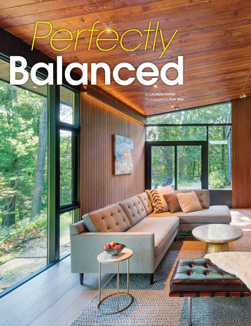 atomic ranch editorial with mid-century modern living room and wood ceiling