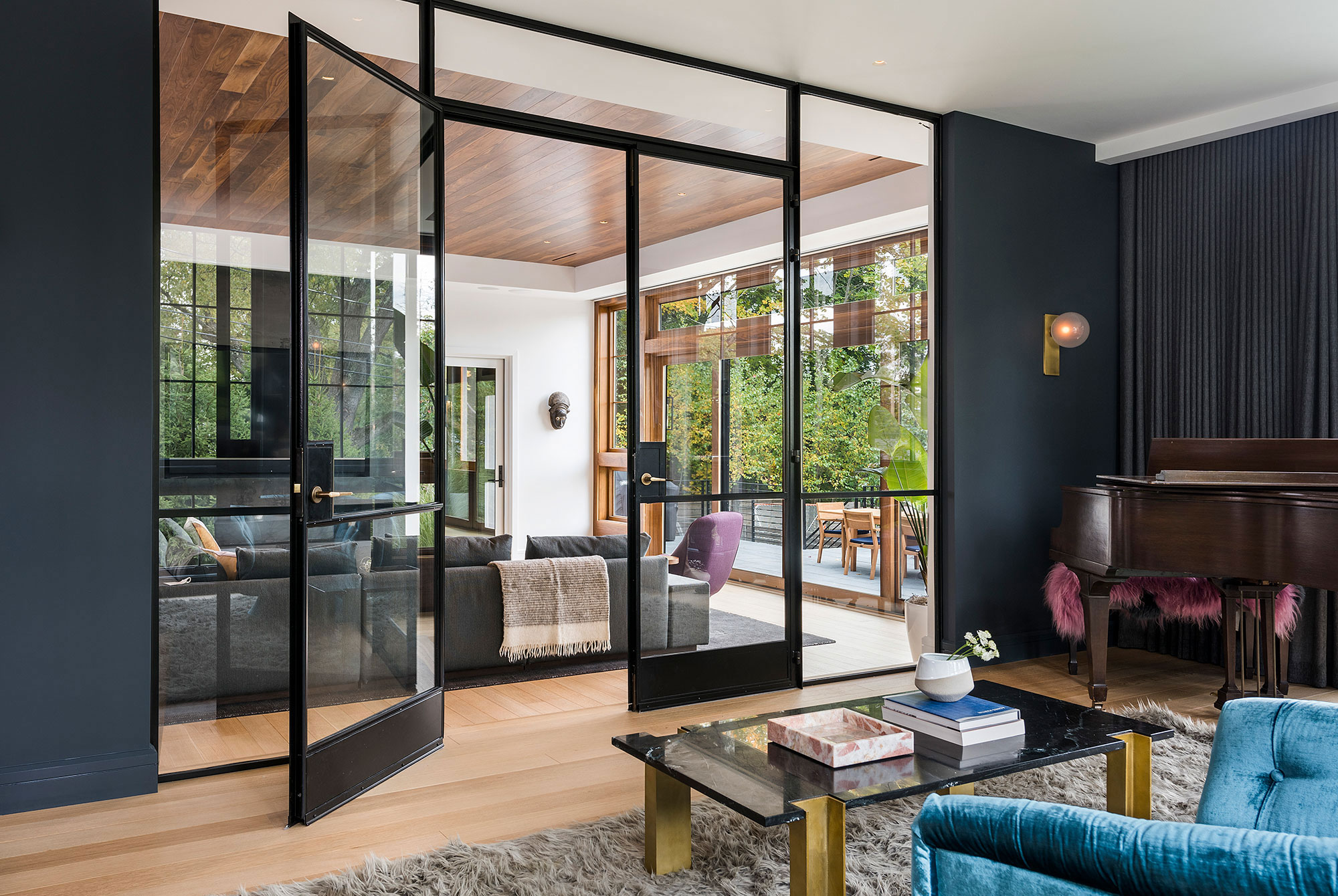 modern french doors between living and family rooms