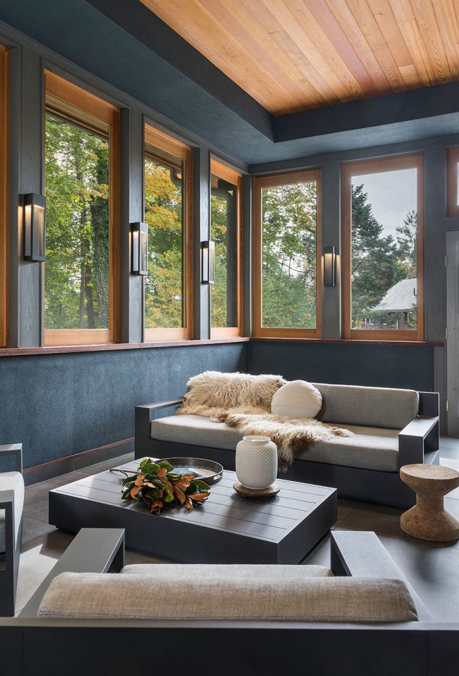 modern furnished interior of screen porch