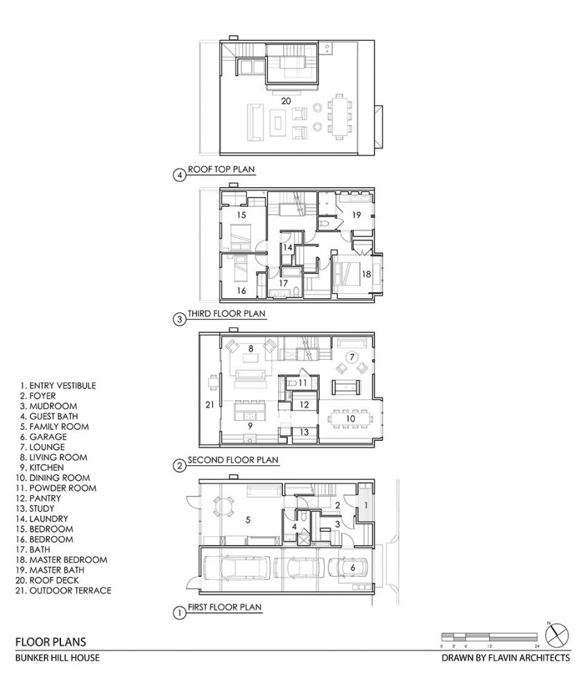 cad drawing floor plan of four floor row house