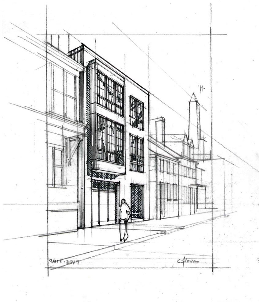 hand drawing sketch of exterior row house