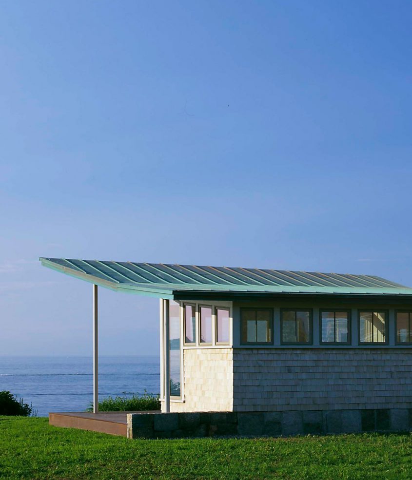 exterior addition with metal cantilevered roof