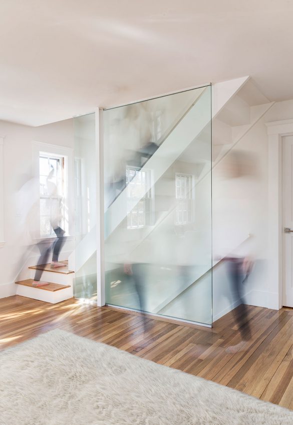 timelapse steel staircase with glass wall railing
