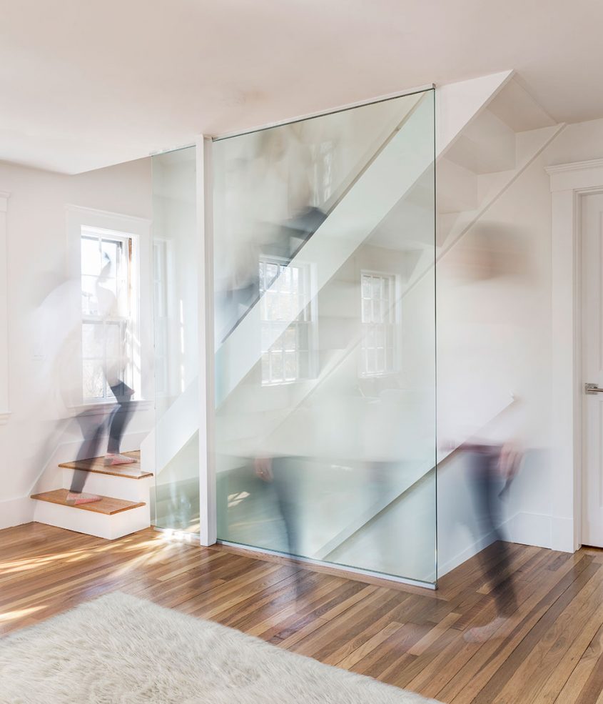 timelapse steel staircase with glass wall railing