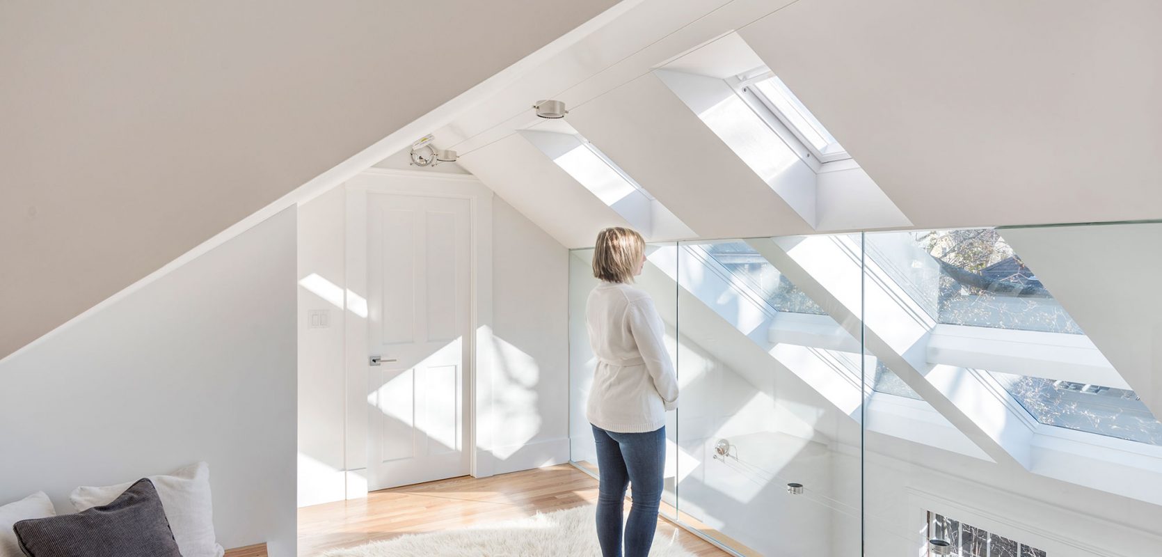 interior glass wall with sky lights
