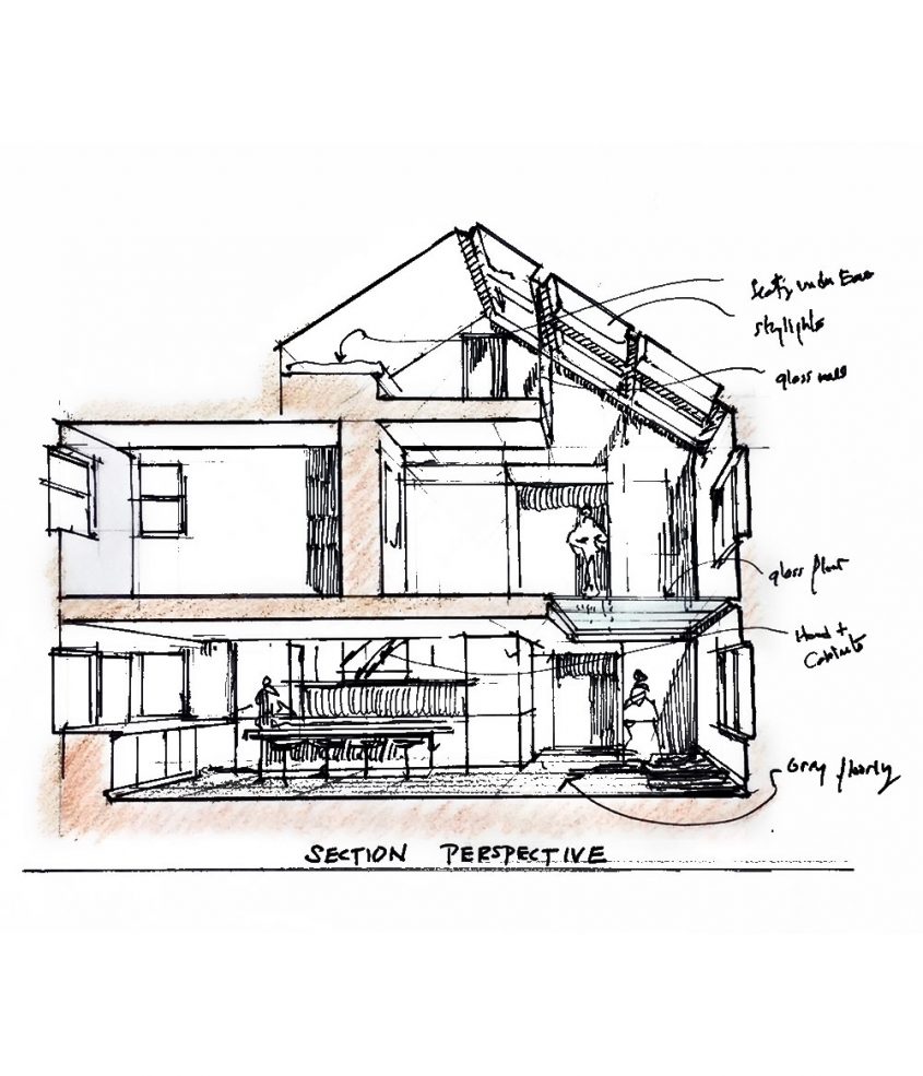 hand drawing sketch of section of three-story home