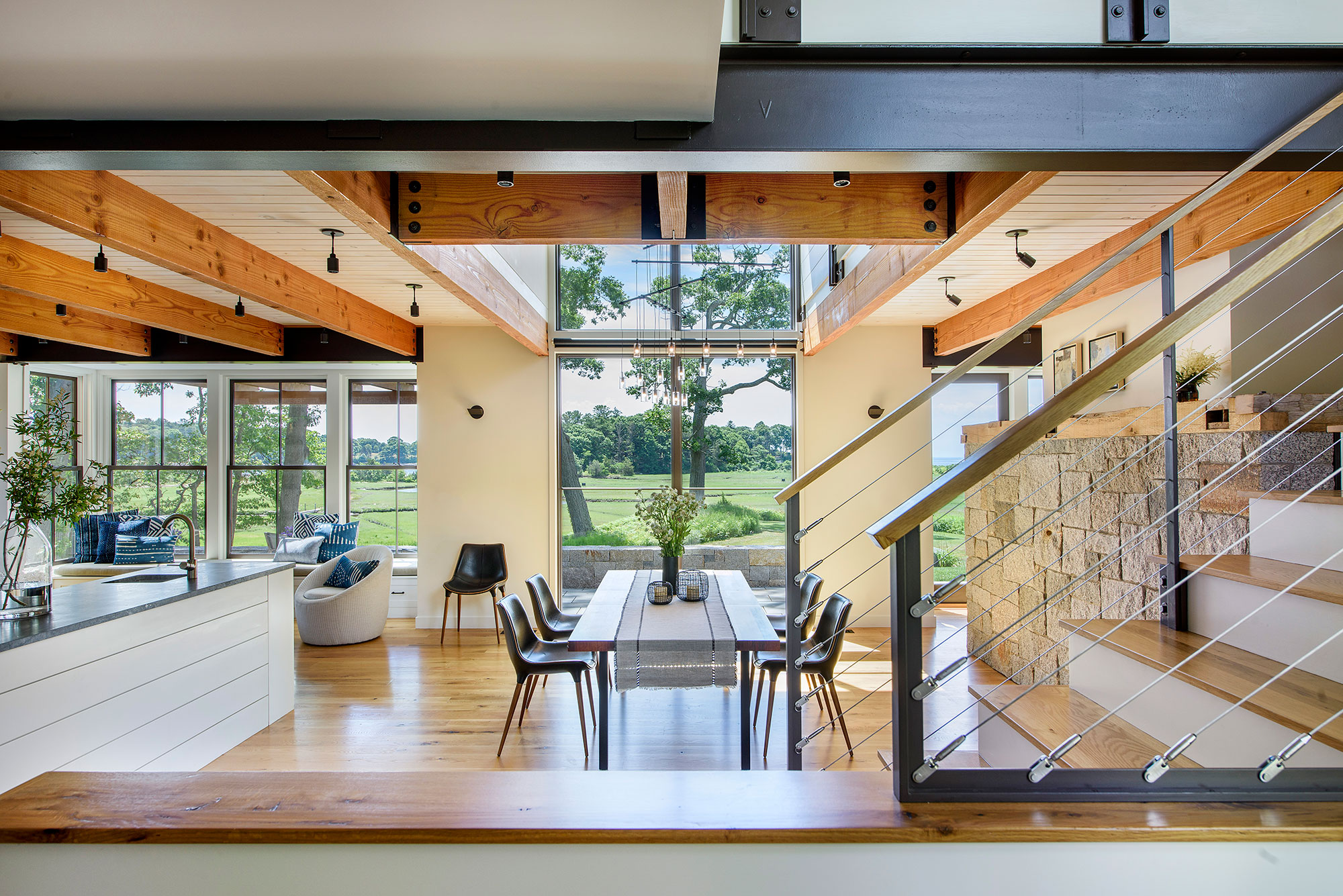 interior of dining room with exposed timber beams