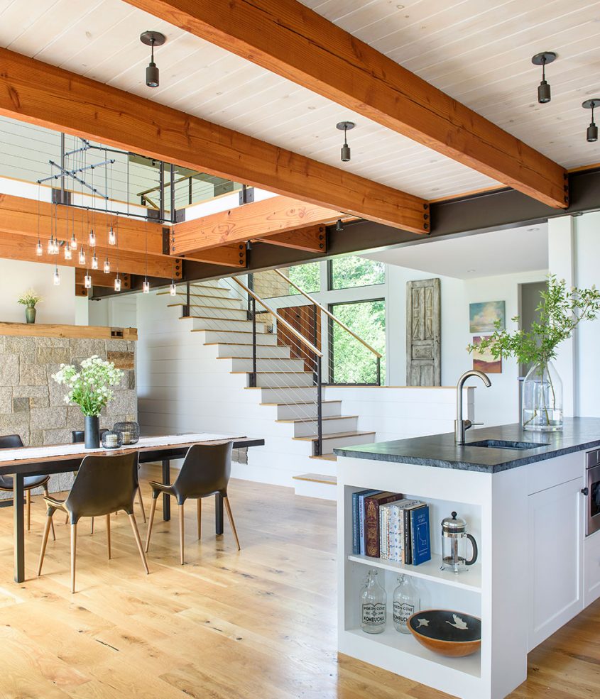 interior of kitchen dining room with exposed timber beams