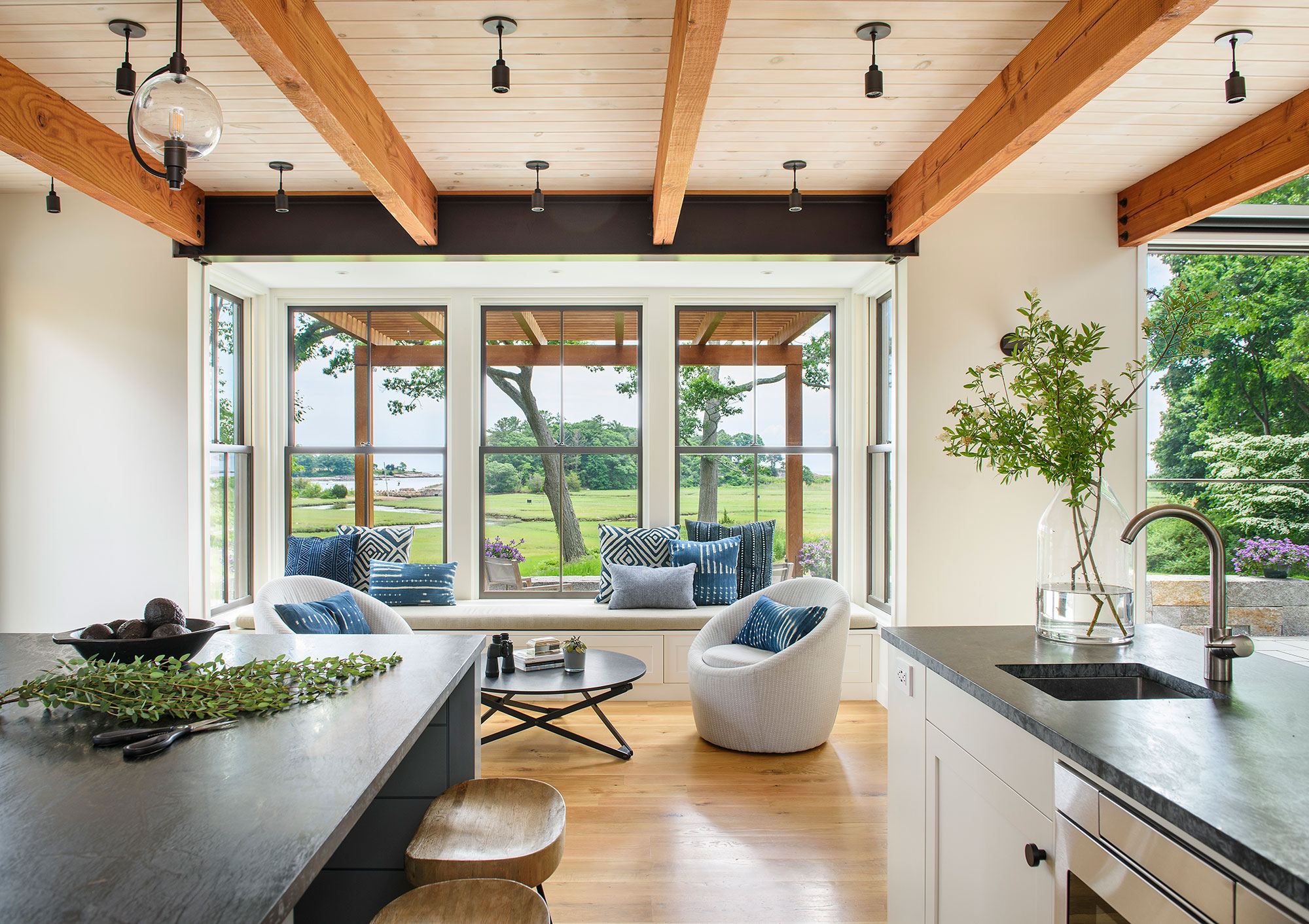 interior of kitchen nook with exposed timber beams