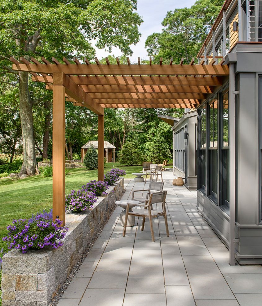 home exterior wood trellis over patio
