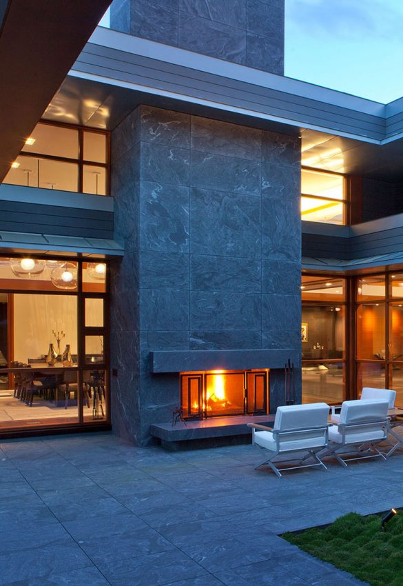 large exterior fireplace on terrace