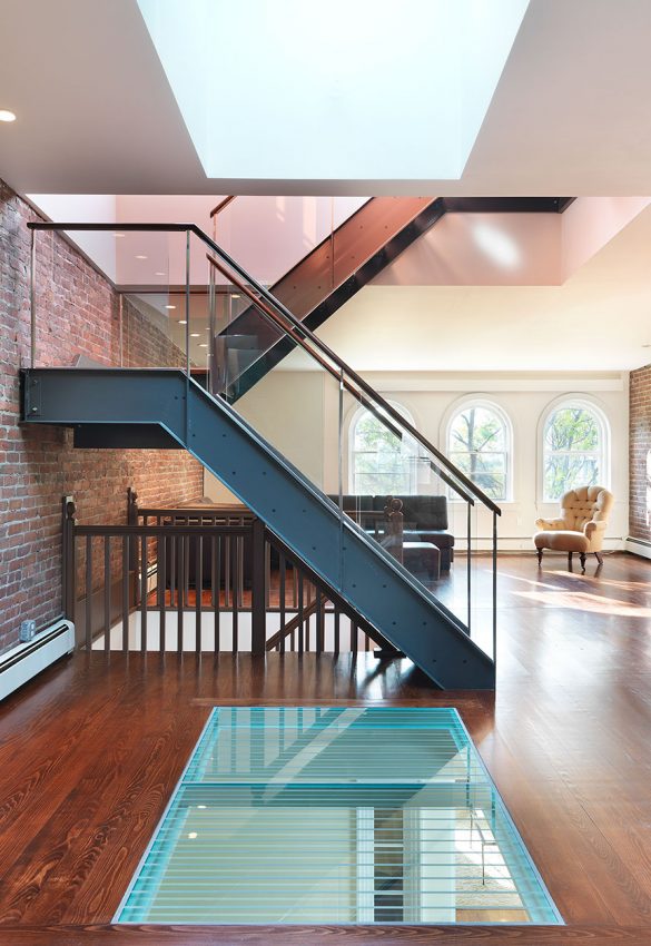 interior with steel staircase and glass floor window