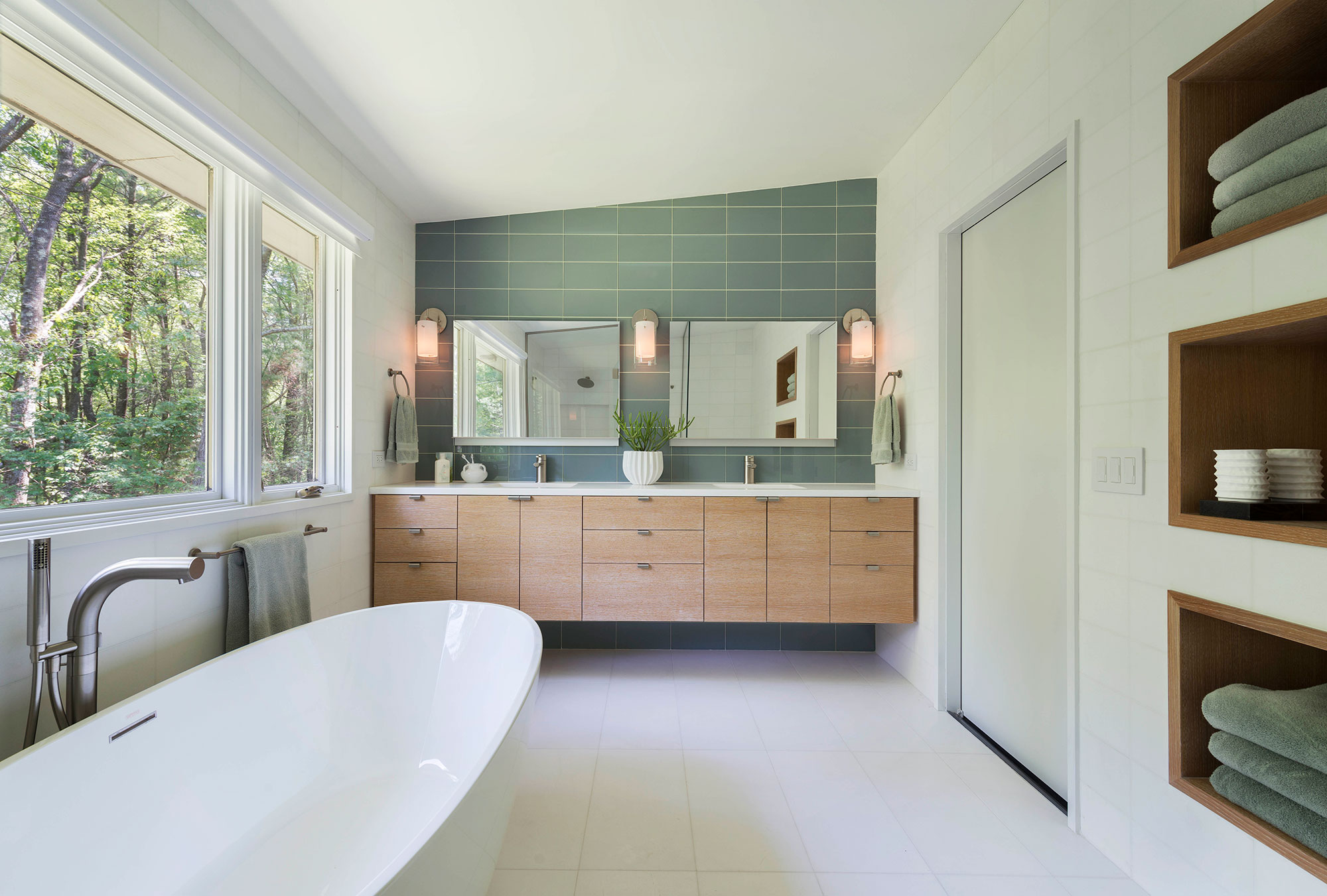 modern master bath with floating double vanity
