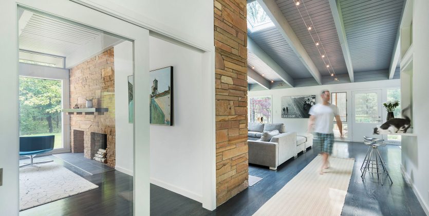 mid-century modern large double walled stone fireplace