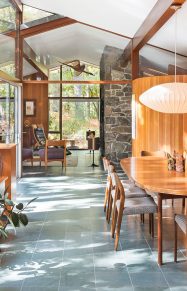 mid-century modern dining room floor to ceiling windows