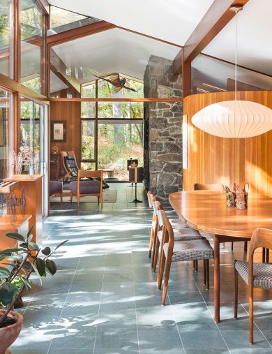 mid-century modern dining room floor to ceiling windows