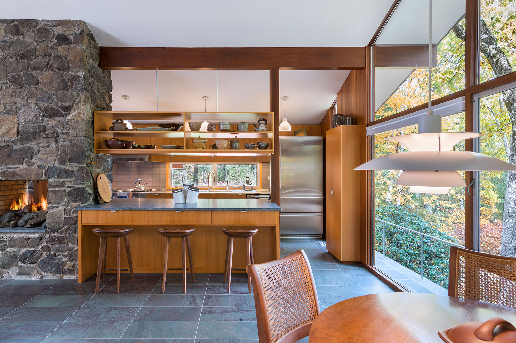 mid-century modern kitchen with floating cabinets