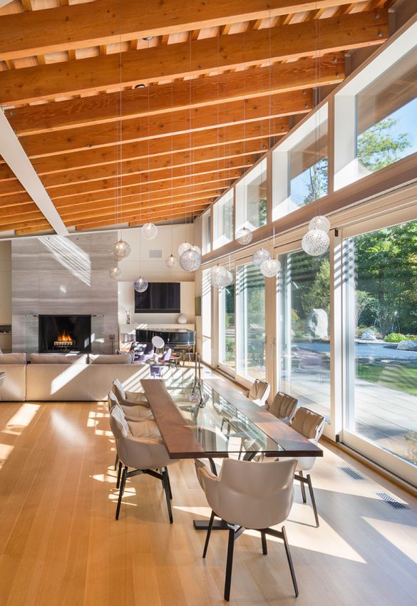 open layout great room kitchen living dining with exposed timber ceiling
