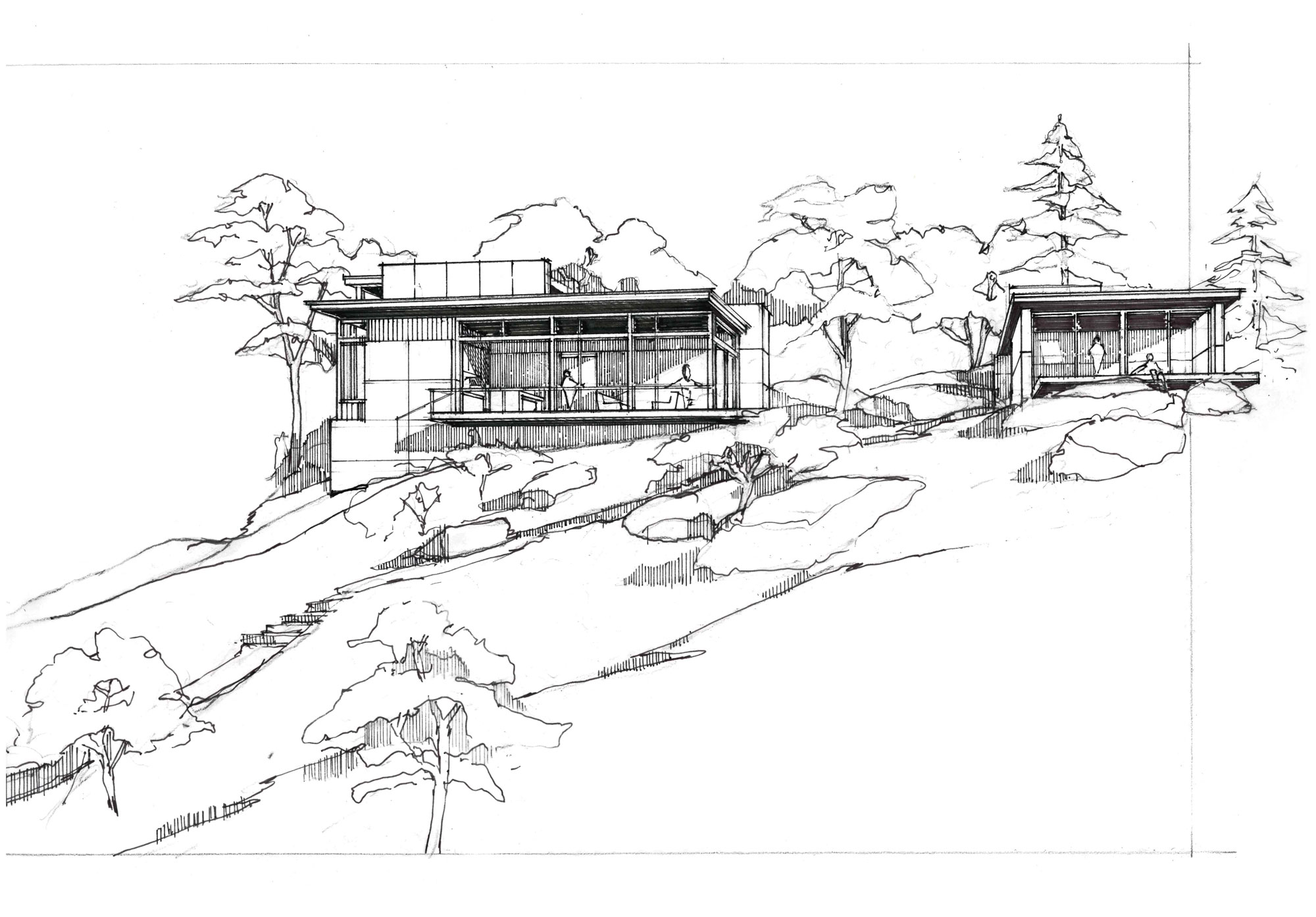 hand sketch of rear elevation of home with studio