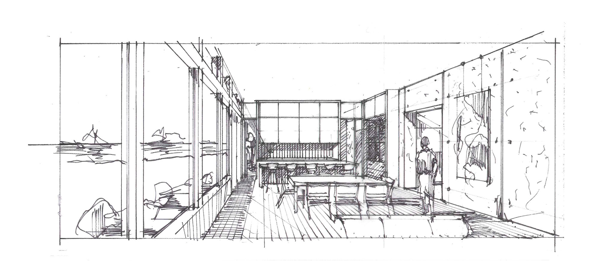 hand sketch of great room with kitchen and deck