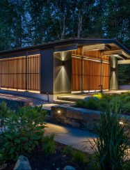 carport glowing at dusk