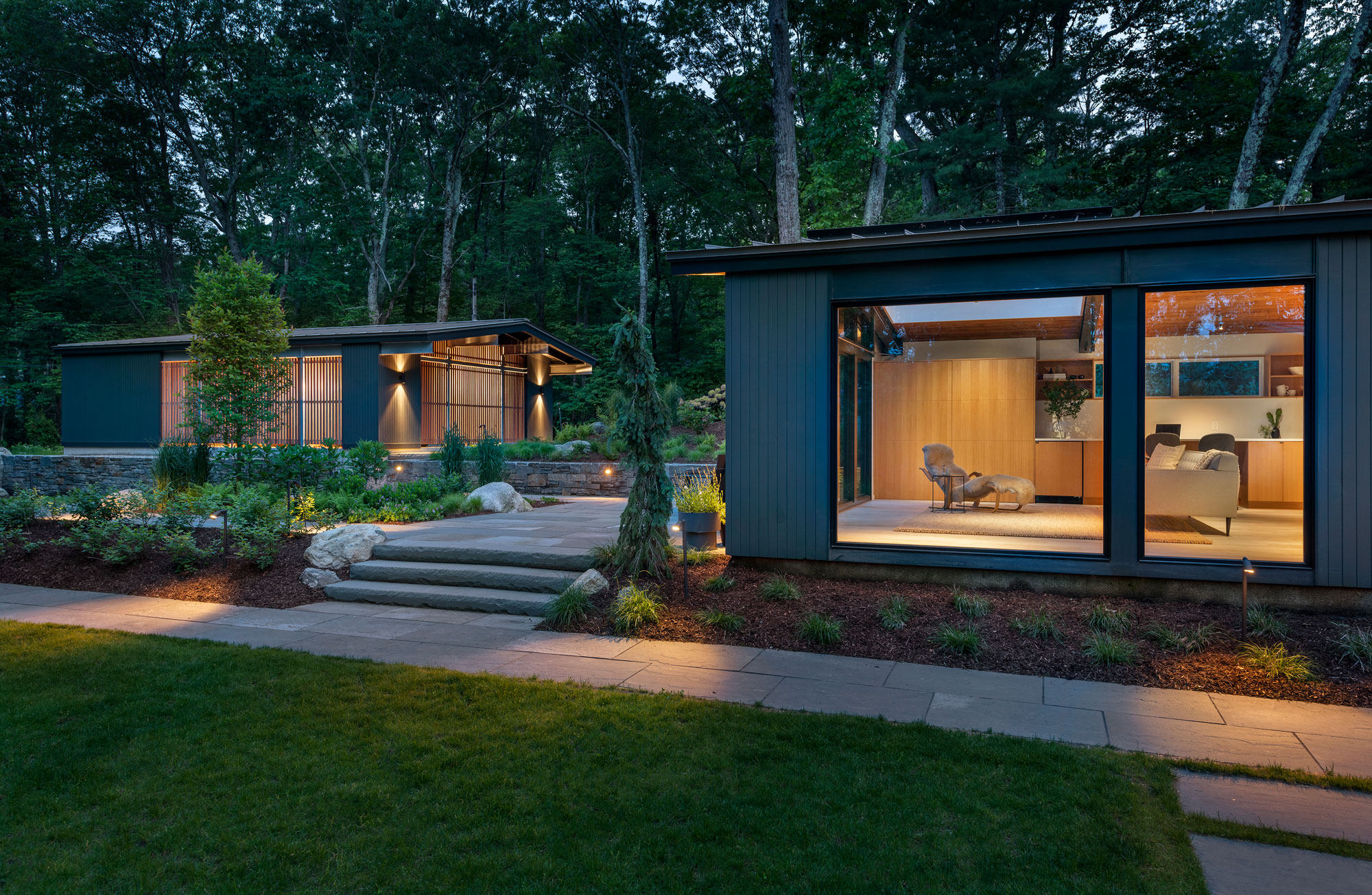 outbuildings glowing at dusk